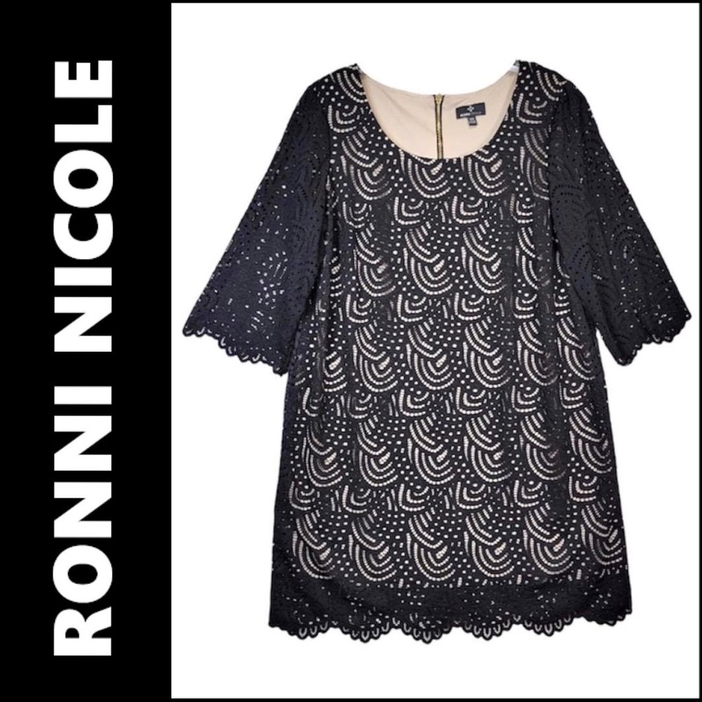 Ronni Nicole Woman Lace Shift Dress Stretch Long Sleeve Size 22W Black